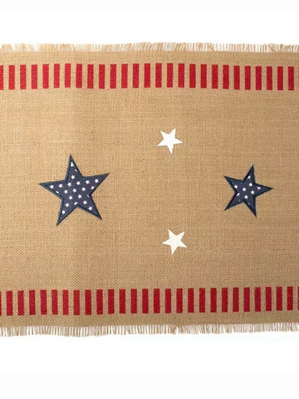 Patriotic Star Burlap Table Runner - Natural with Red & Blue